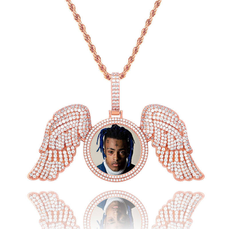 Angel Wings Large DIY Photo Frame Pendant Full Zircon Jewelry Hip Hop Necklace Gold Australia Accessories