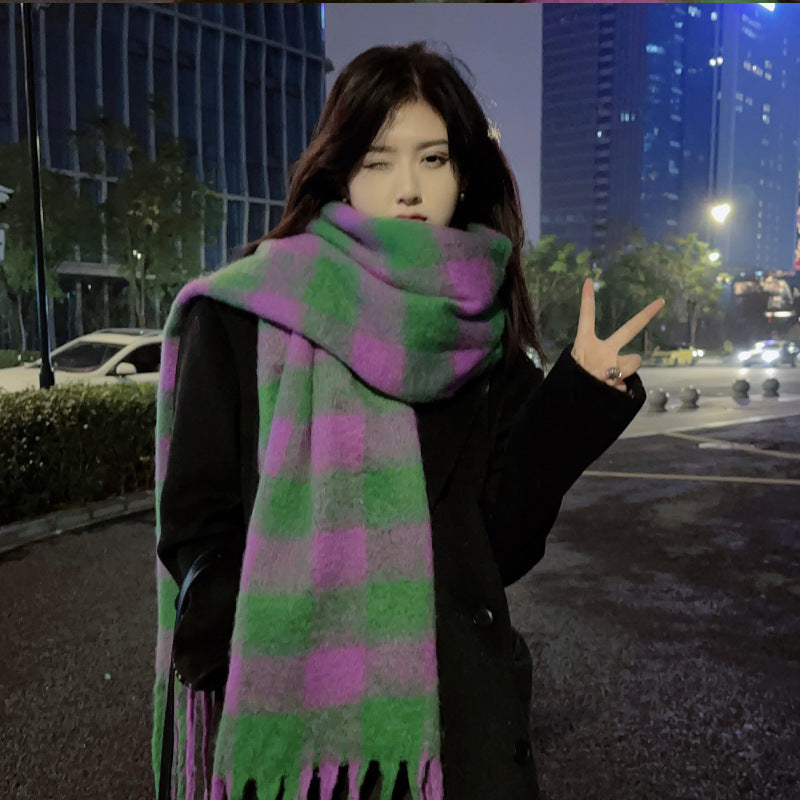 Women Plaid Scarf Winter Pashmina Shawls Cashmere Thick Wraps Lady Tassel Warm Scarves Rainbow