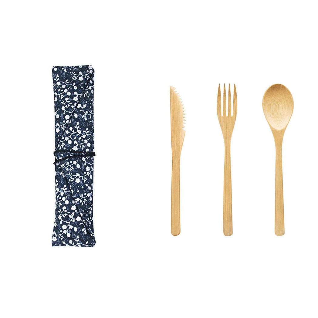 Bamboo Knife, Fork, Spoon, Bamboo Straw, Outdoor Environmentally-Friendly Tableware, Cloth Bag Set