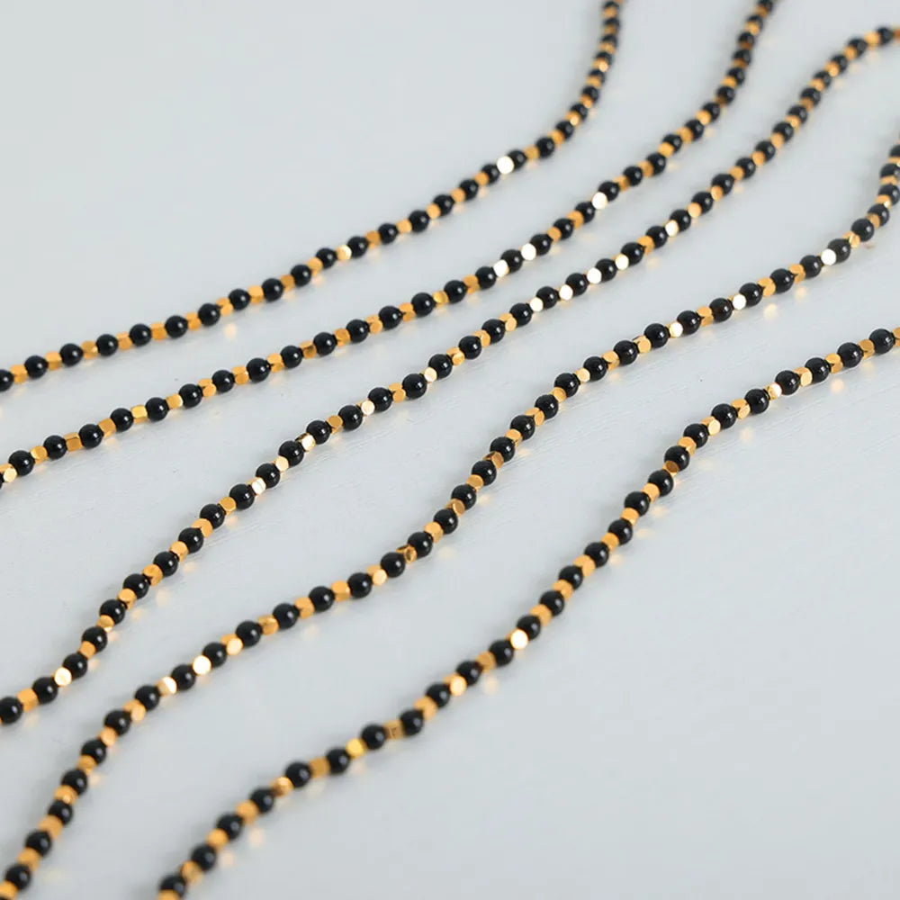 Square titanium steel gold-plated natural black agate stone handmade bead necklace jewelry for women