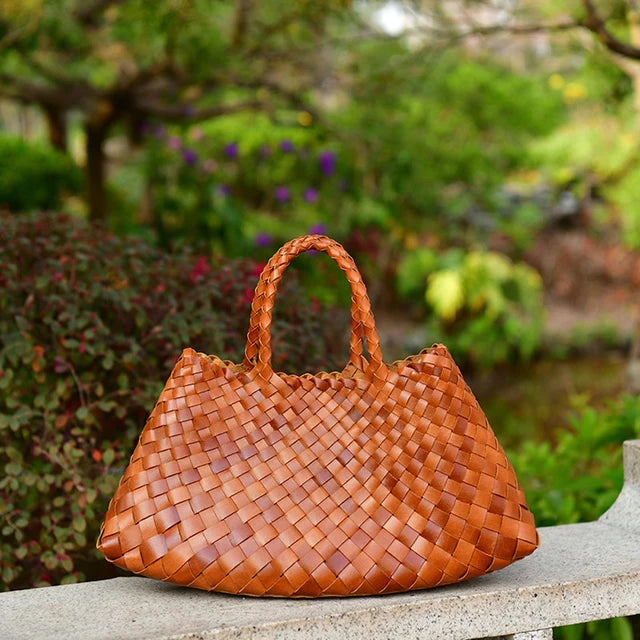 New Genune Leather Weave Hand Bags Tote Top Quality Women Basket Shopping Bags Handle Beach Hobos Handbag