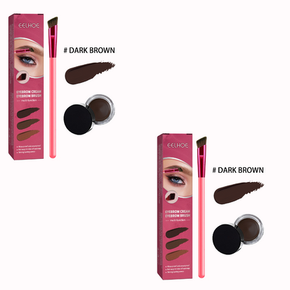 Eyebrow grooming kit with pink packaging, brush, and dark brown color swatches on a white background.
