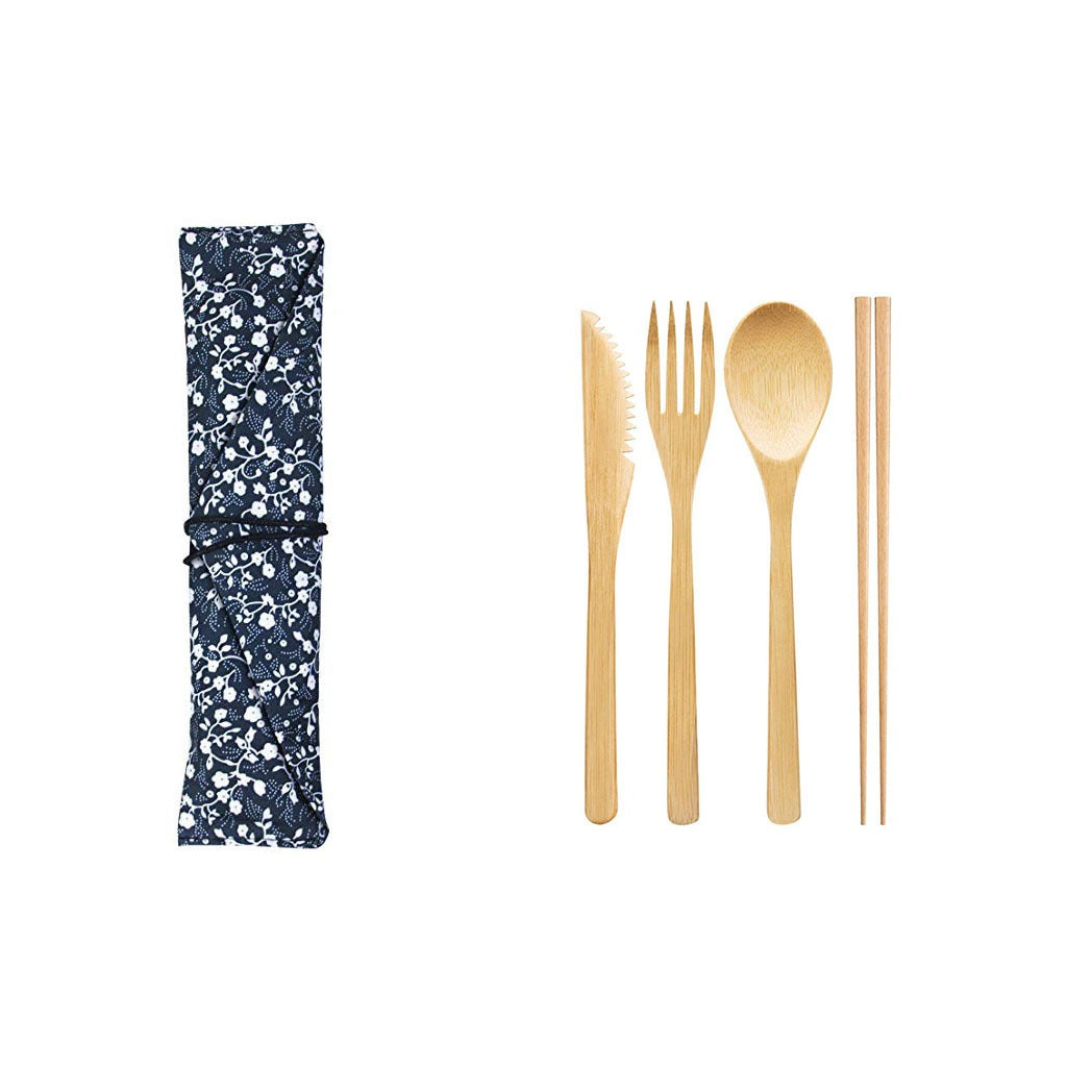 Bamboo Knife, Fork, Spoon, Bamboo Straw, Outdoor Environmentally-Friendly Tableware, Cloth Bag Set