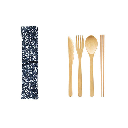 Bamboo Knife, Fork, Spoon, Bamboo Straw, Outdoor Environmentally-Friendly Tableware, Cloth Bag Set