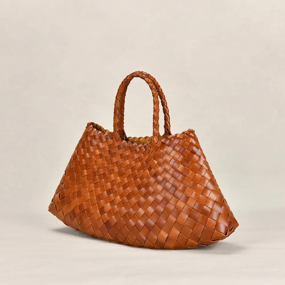 New Genune Leather Weave Hand Bags Tote Top Quality Women Basket Shopping Bags Handle Beach Hobos Handbag