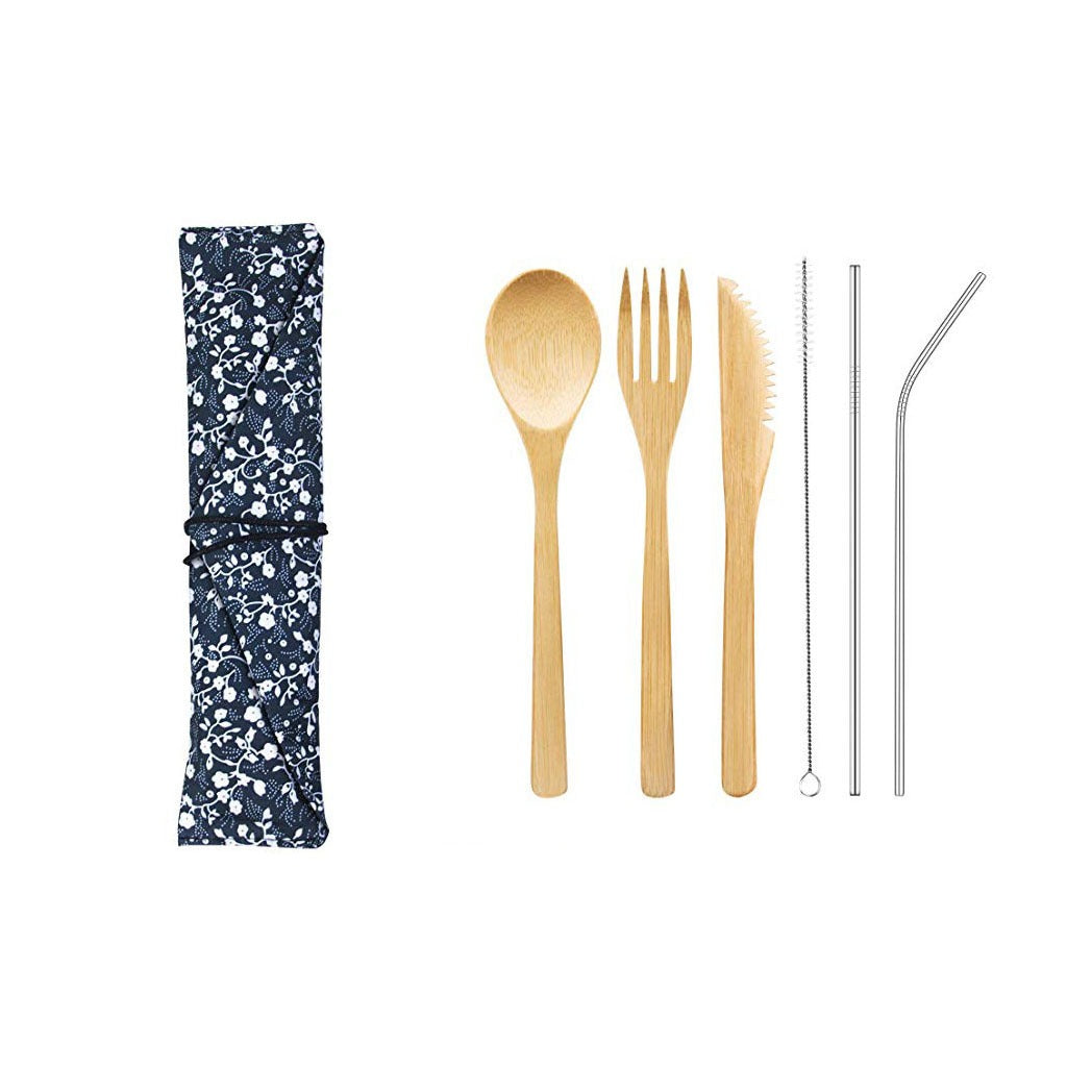 Bamboo Knife, Fork, Spoon, Bamboo Straw, Outdoor Environmentally-Friendly Tableware, Cloth Bag Set