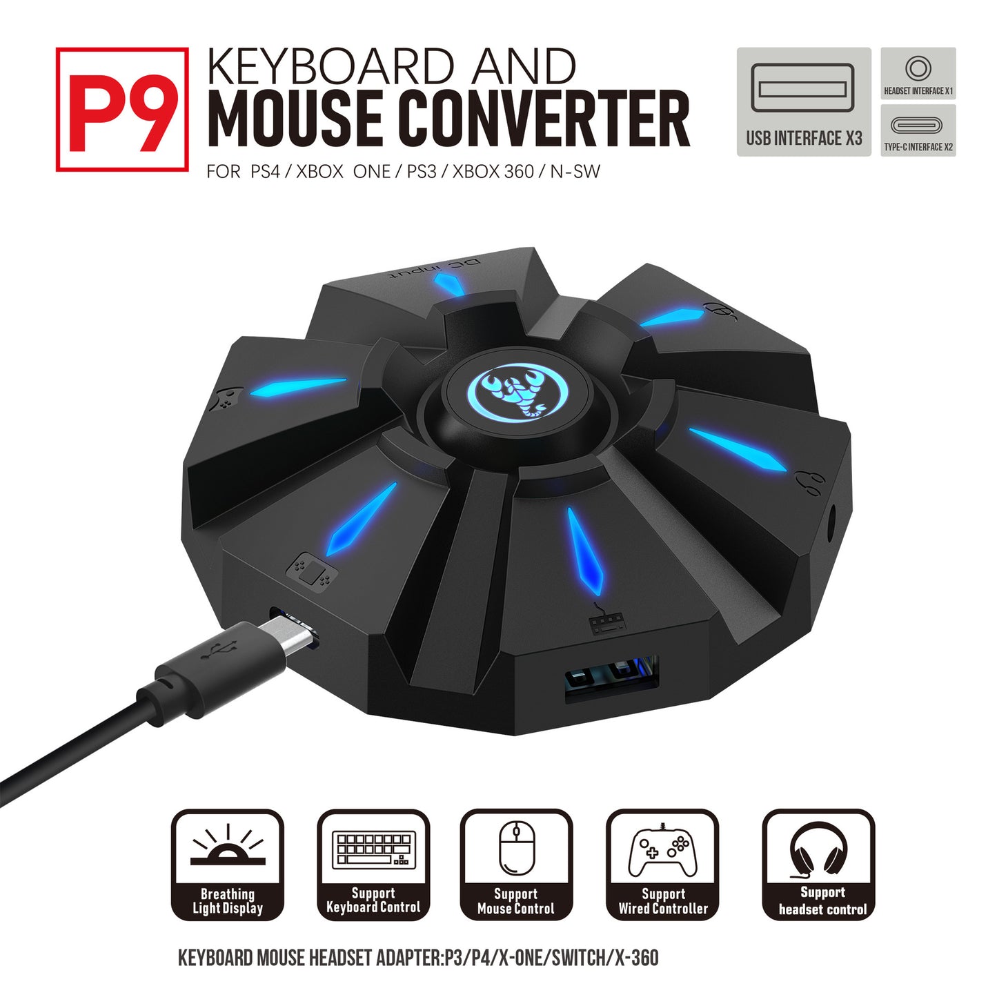 P9 keyboard mouse converter set supports various gaming devices and gamepads in the market