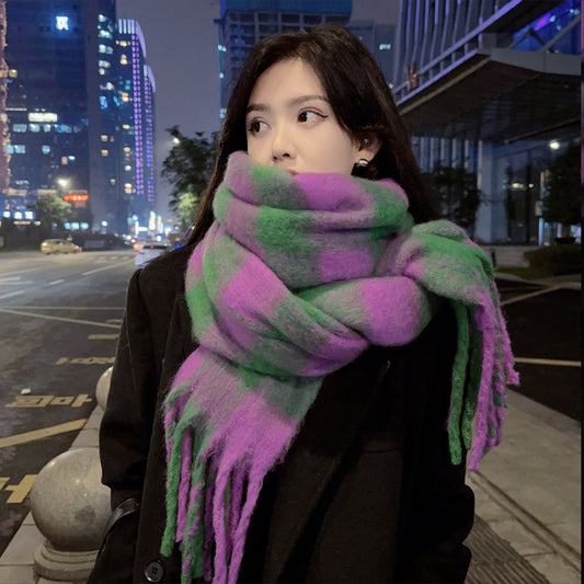 Women Plaid Scarf Winter Pashmina Shawls Cashmere Thick Wraps Lady Tassel Warm Scarves Rainbow