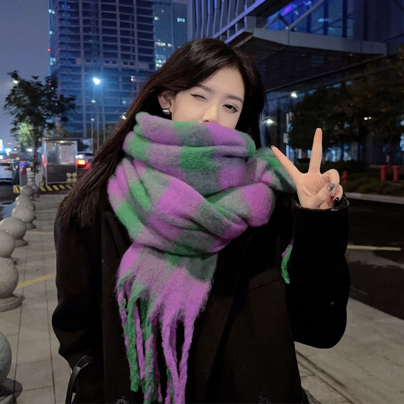 Women Plaid Scarf Winter Pashmina Shawls Cashmere Thick Wraps Lady Tassel Warm Scarves Rainbow