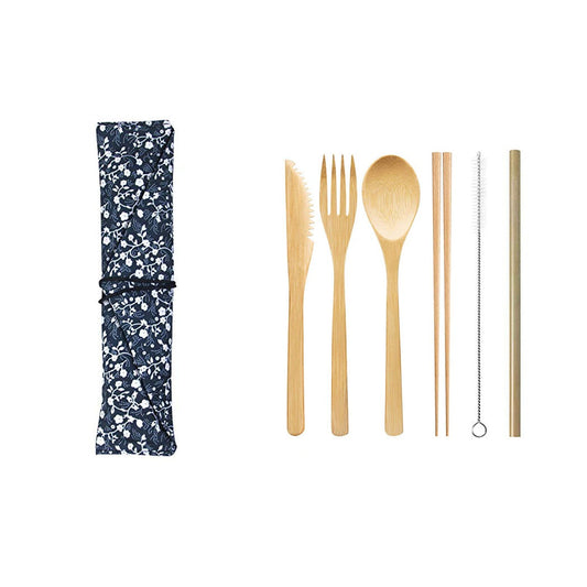 Bamboo Knife, Fork, Spoon, Bamboo Straw, Outdoor Environmentally-Friendly Tableware, Cloth Bag Set