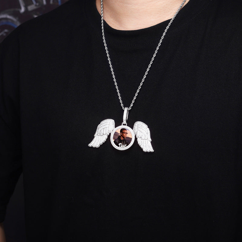 Angel Wings Large DIY Photo Frame Pendant Full Zircon Jewelry Hip Hop Necklace Gold Australia Accessories