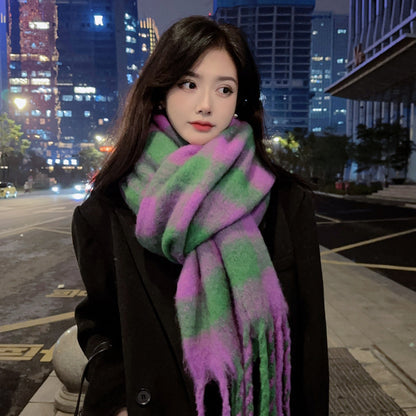 Women Plaid Scarf Winter Pashmina Shawls Cashmere Thick Wraps Lady Tassel Warm Scarves Rainbow
