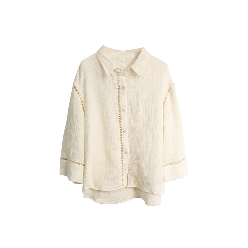Cross-border  Style Women's White Pure Cotton Wrinkle Fabric Long Sleeve Summer Skin-friendly Home Wear Loose Turn-down Collar Shirt