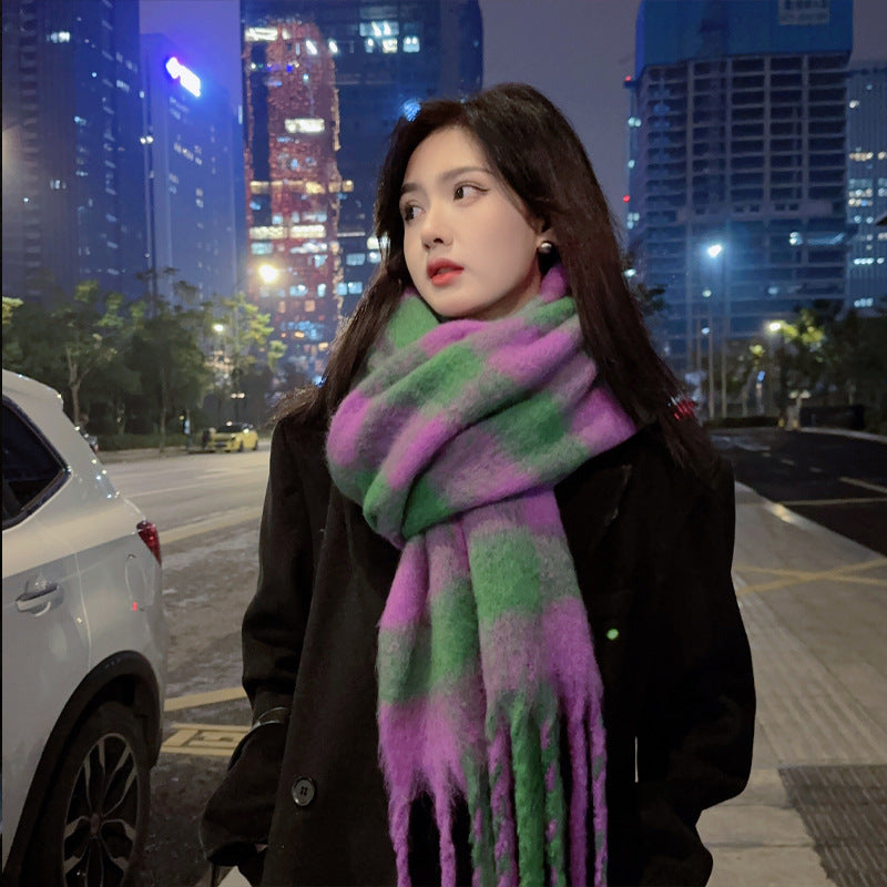 Women Plaid Scarf Winter Pashmina Shawls Cashmere Thick Wraps Lady Tassel Warm Scarves Rainbow
